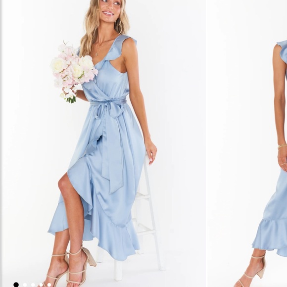 Samantha Ruffle Wrap Dress ~ Steel Blue Luxe Satin NWT SIZE SMALL - Picture 3 of 9